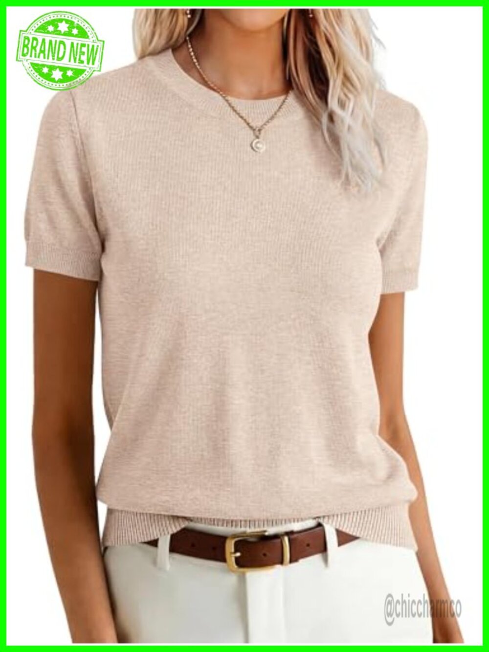 Wool Blend Short Sleeve Crew Neck Sweater Pullover Casual